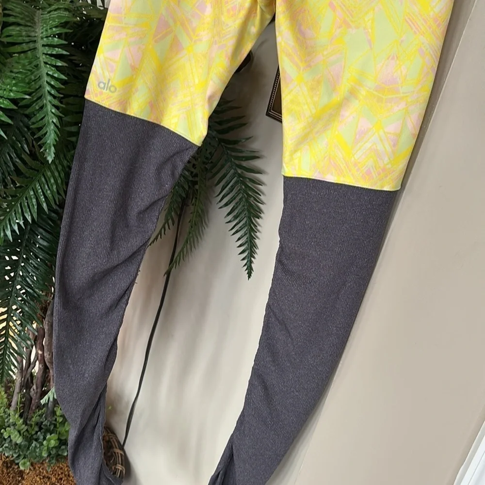 ALO Yoga Goddess Indio Zest High Waist Leggings Yellow Geometric & Gray Ribbed